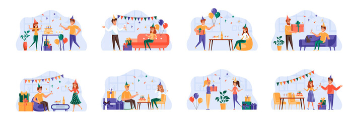 Party scenes bundle with people characters. Friends drinking and having fun together, congratulating and presenting gifts situations. Birthday party with festive decoration flat vector illustration.