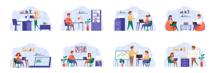 Office management scenes bundle with people characters. People working, collaborating and educating at workplace in office situations. Tasks management and work organization flat vector illustration.