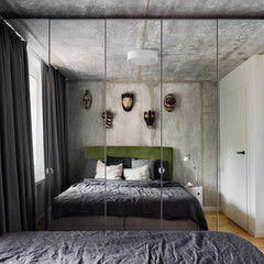 Small bedroom with mirror wardrobe