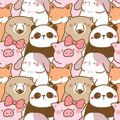 Seamless Pattern of Cartoon Bear, Fox, Rabbit, Panda and Pig Illustration Design