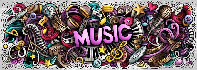 Fototapeta premium Music hand drawn cartoon doodles illustration. Colorful raster banner