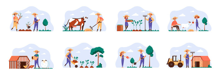 Farmers scenes bundle with people characters. Farmers planting and watering trees, gardening and animal husbandry, milking cow and goat situations. Agricultural workers flat vector illustration.