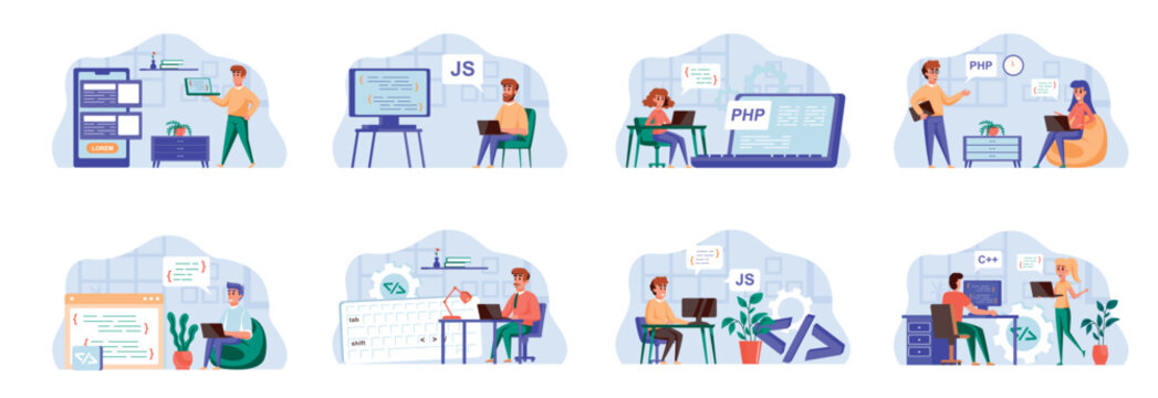 Programming scenes bundle with people characters. Frontend and backend developers team working in office, web design and software engineering situations. Programs development flat vector illustration