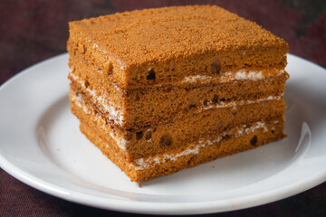 honey cake lies on a white plate