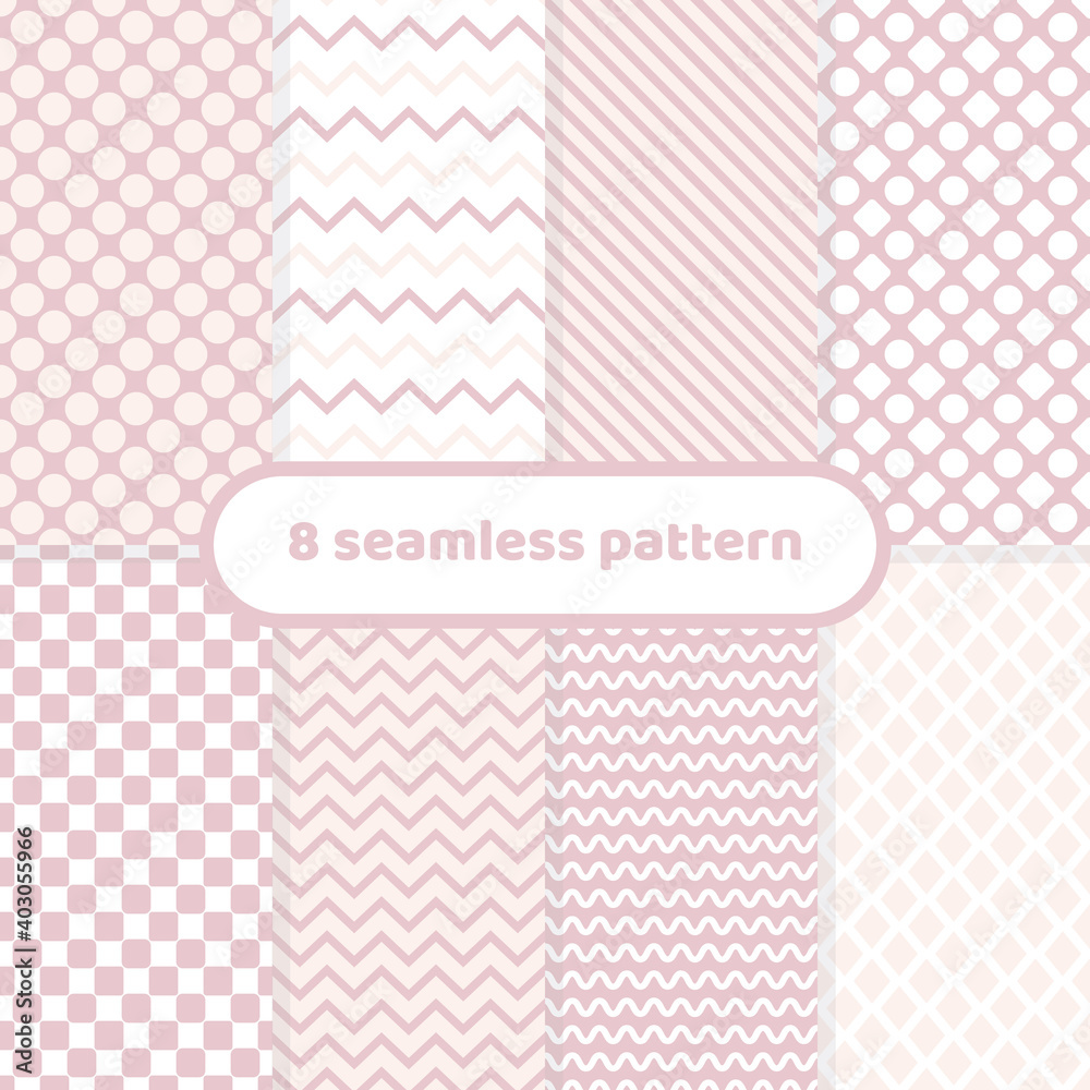 Poster cute different vector seamless patterns. pink color. geometric color set pink and white.