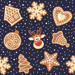 Seamless pattern with different gingerbread cookies. Vector illustration.
