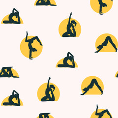 Set of women silhouettes doing Yoga. Girls working out. Hand drawn colored Vector illustration. Weight Loss. Health care and lifestyle concept. Square seamless Pattern. Background, wallpaper