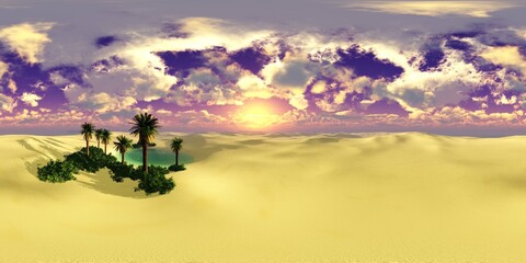 Oasis at sunset in a sandy desert. Environment map. HDRI . equidistant projection. Spherical panorama. panorama 360.
3d rendering