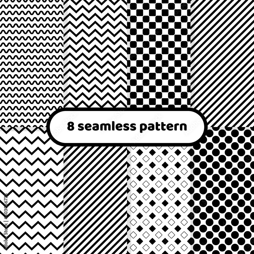 Poster collection of seamless geometric minimalistic patterns. black and white.