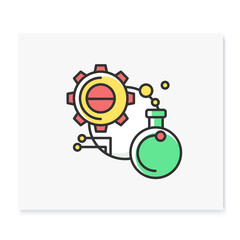 Experiment color icon. Glass bulb with gear and information link linear pictogram. Creative idea test, scientific research and product evaluation concept. Isolated vector illustration