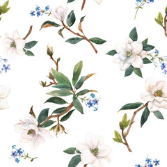 Beautiful seamless pattern with hand drawn watercolor white magnolia flowers. Stock illustration. - obrazy, fototapety, plakaty