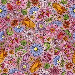 Fotobehang Cartoon cute hand drawn Spring seamless pattern. © balabolka