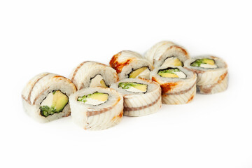 Sushi roll Black dragon on a white background, ingredients Eel, cream cheese, avocado, cucumber, teriyaki sauce, sesame seeds, rice, nori. Traditional Japanese food. For the restaurant menu