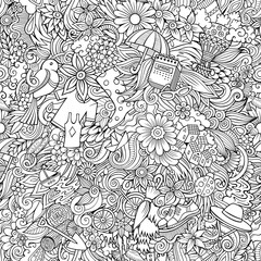 Obraz premium Cartoon cute doodles hand drawn Spring seamless pattern.