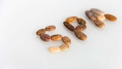 Pebbles on white background, sea pebble. Inscription, text, word: SPA. Concept