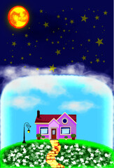 Fototapeta premium animate house with beautiful blue sky above it and shine with the sun and the stars as vector and illustration art