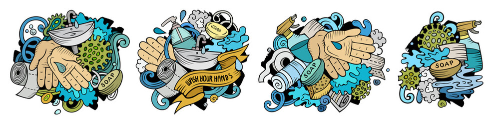 Hand Wash cartoon raster doodle designs set.