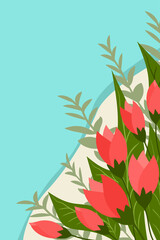 Fototapeta na wymiar Postcard design with flowers, tulips. Congratulations on International Women's Day, birthday, valentine's day, goodbye. Place for text