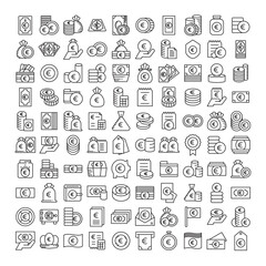 Euro money coin, money bag, stack of coins icons set line design