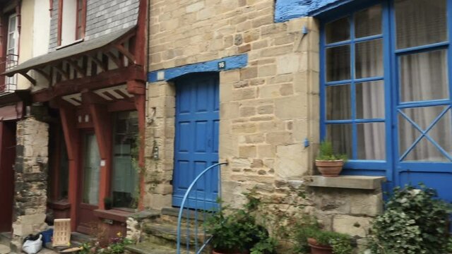 VITRE, FRANCE - APRIL 07, 2018: streets of breton town Vitre with the french colombage houses 
