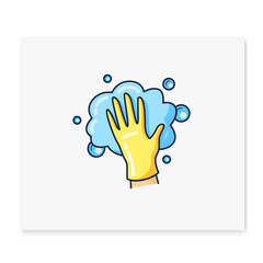 Foaming color icon. Soaping, wiping. Housekeeper hand in yellow glove, whipping foam. Wet cleaning. Housekeeping and surface disinfection concept. Isolated vector illustration