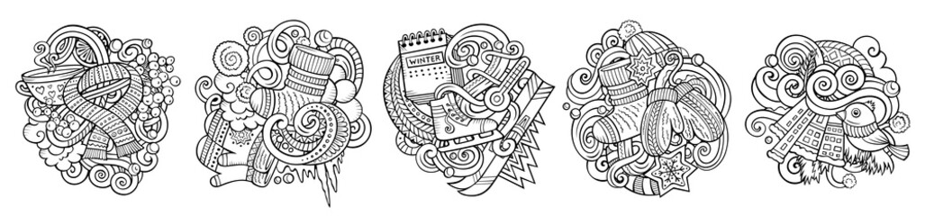 Winter cartoon raster doodle designs set.