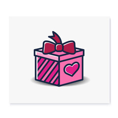 Present color icon. Gift box with bow ribbon and heart. Holiday congratulation, surprise concept. Holiday offer. Christmas, birthday, valentine symbol. Isolated vector illustration