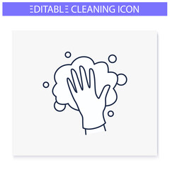 Foaming line icon. Soaping, wiping. Housekeeper hand in glove, whipping foam. Wet cleaning. Housekeeping and surface disinfection concept. Isolated vector illustration. Editable stroke 