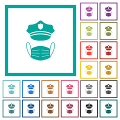 Police hat and medical face mask flat color icons with quadrant frames