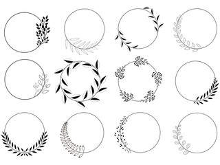 Set of round, black laurel wreaths. Vector logo design made from leaves. Vintage Collection of vintage round badges of laurel branches, spikelets. Decorative items. Vintage Greek emblem.  