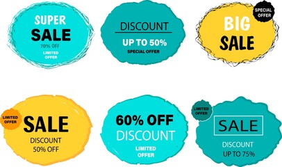 Set of badges. Big exclusive sale,, low prices,
Special offer, 50,60,75% discount.
Yellow advertising badge to promote retail business, attract customers. Sale of various products for a limited time.