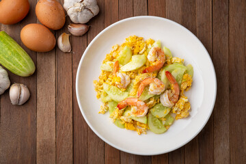 Stir fried cucumber with shrimp and eggs with Oyster sauce.Top view.