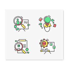 Fototapeta premium Creative process color icons set. Including idea, research, performance. Linear pictograms for design and development process stages. Isolated vector illustrations for project management