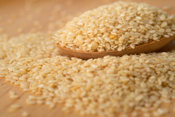 Closeup of white sesame seeds in wooden spoon.Selective focus