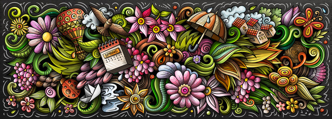 Spring hand drawn cartoon doodles illustration. Colorful raster banner