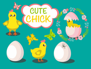 Obraz na płótnie Canvas Collection vector cartoon style baby chick and eggs illustration for kids.