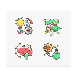 Creative process color icons set. Including inspiration, brainstorm, experiment. Linear pictograms for design and development process stages. Isolated vector illustrations for project management