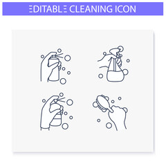 Surface wiping line icons set. Housekeeper hand in glove collection.Cleaning with detergent, spray and more. Housekeeping and surface disinfection concept. Isolated vector illustration.Editable stroke