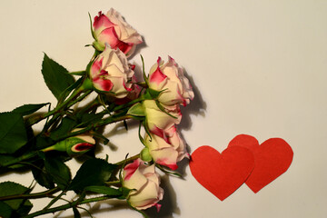 On a white surface lies a bouquet of fresh flowers of roses and two red hearts - a card for Valentine's Day.