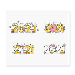 New year 2021 color icons collection. Christmas and New Year celebration concept. Holidays decoration, greeting card, banner, logo, image for typography and design. Isolated vector illustrations