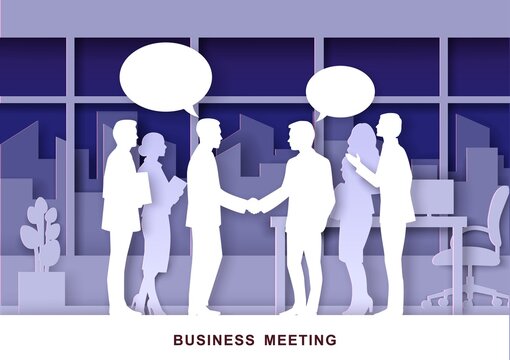 Office Life Scene, Vector Illustration In Paper Art Craft Style. Business People Silhouettes Meeting, Talking, Shaking Hands. Daily Routine, Office Situations. Business Handshake.