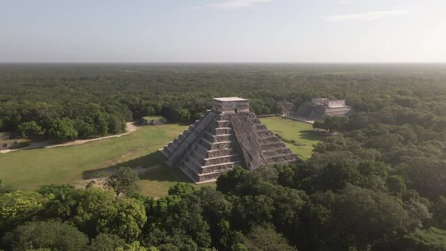Chichen Itza, Mexico. Drone Aerial View of Ancient Temple of Mayan Civilization. Landmark and Rainforest on Sunny Day
