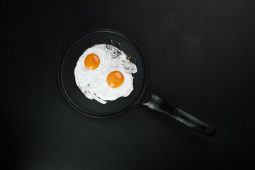Fried Eggs In A Frying Pan on black background, copy space