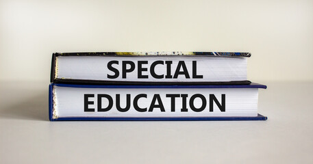 Special education symbol. Books with words 'Special education' on beautiful white background. Business, inclusivity and special education concept. Copy space.