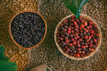 Coffee bean and berries in basket background