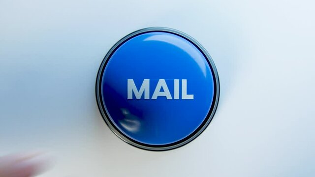 Woman pushing a Mail button, close up. Press to open a new email. Outgoing message sign, sending or receiving a letter. Checking inbox. People and technology concept. Spam email. Message notification.