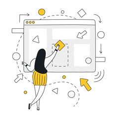 Outline cartoon woman interacting with a browser window, working with UI elements, creation UX structure, or making motion design, the user engagement. Flat line vector illustration on white.