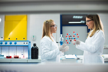 Female chemists hold molecular model in the lab