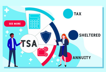 Vector website design template . TSA - Tax Sheltered Annuity acronym. business concept background. illustration for website banner, marketing materials, business presentation, online advertising.