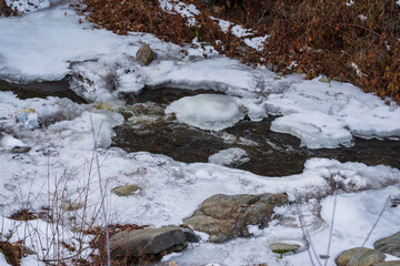 Winter scenery with frozen river and dry grass